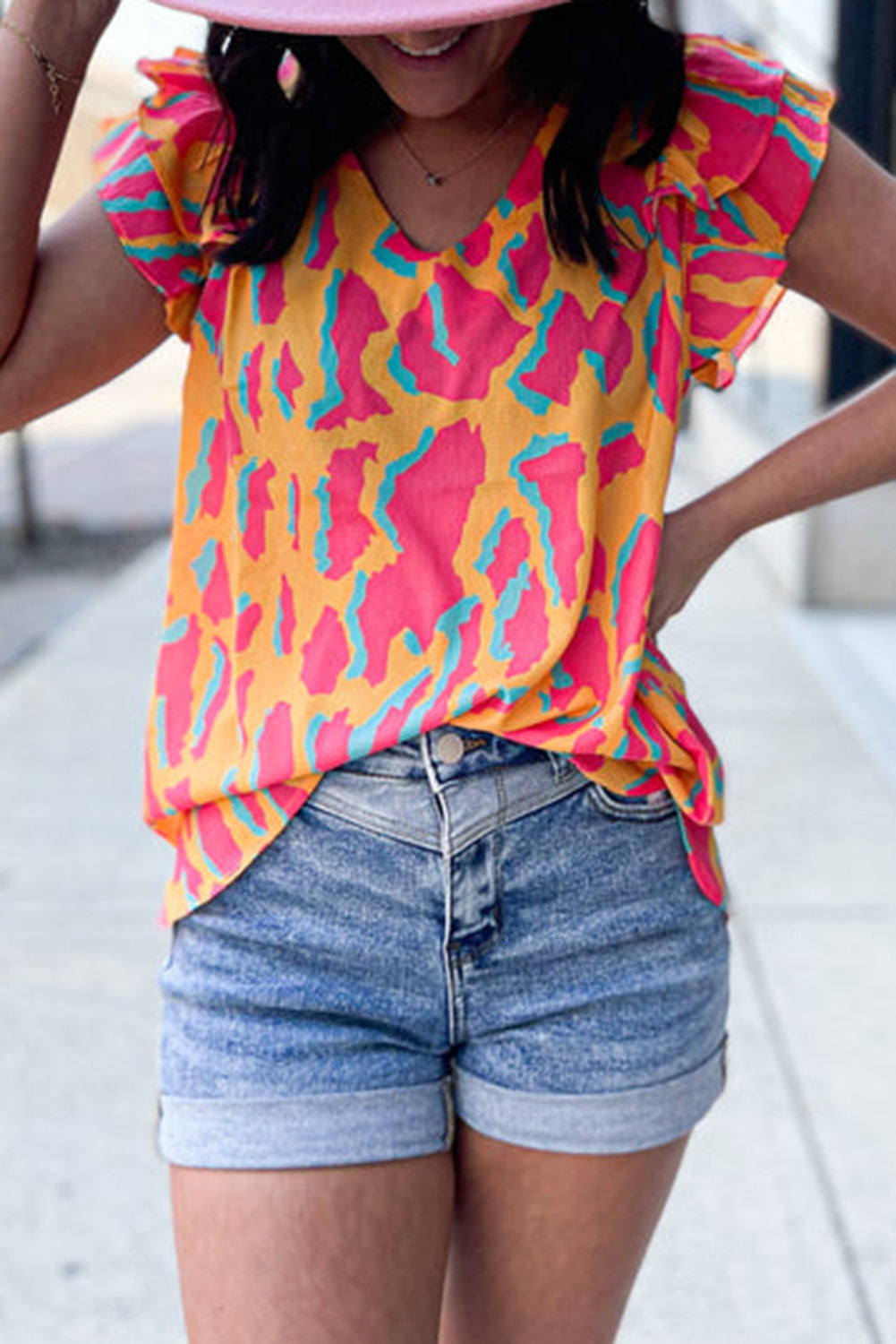 V-Neck Ruffle Sleeve Colorblock Blouse