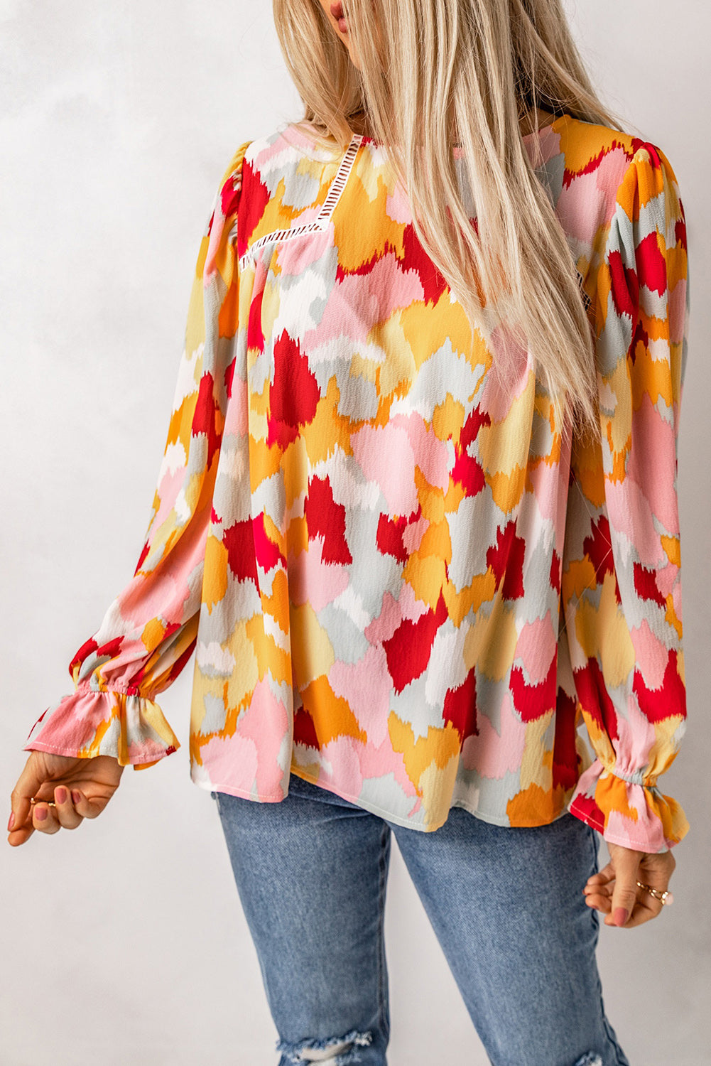 Multicolor Abstract Print Ruffle Puff Sleeve Blouse