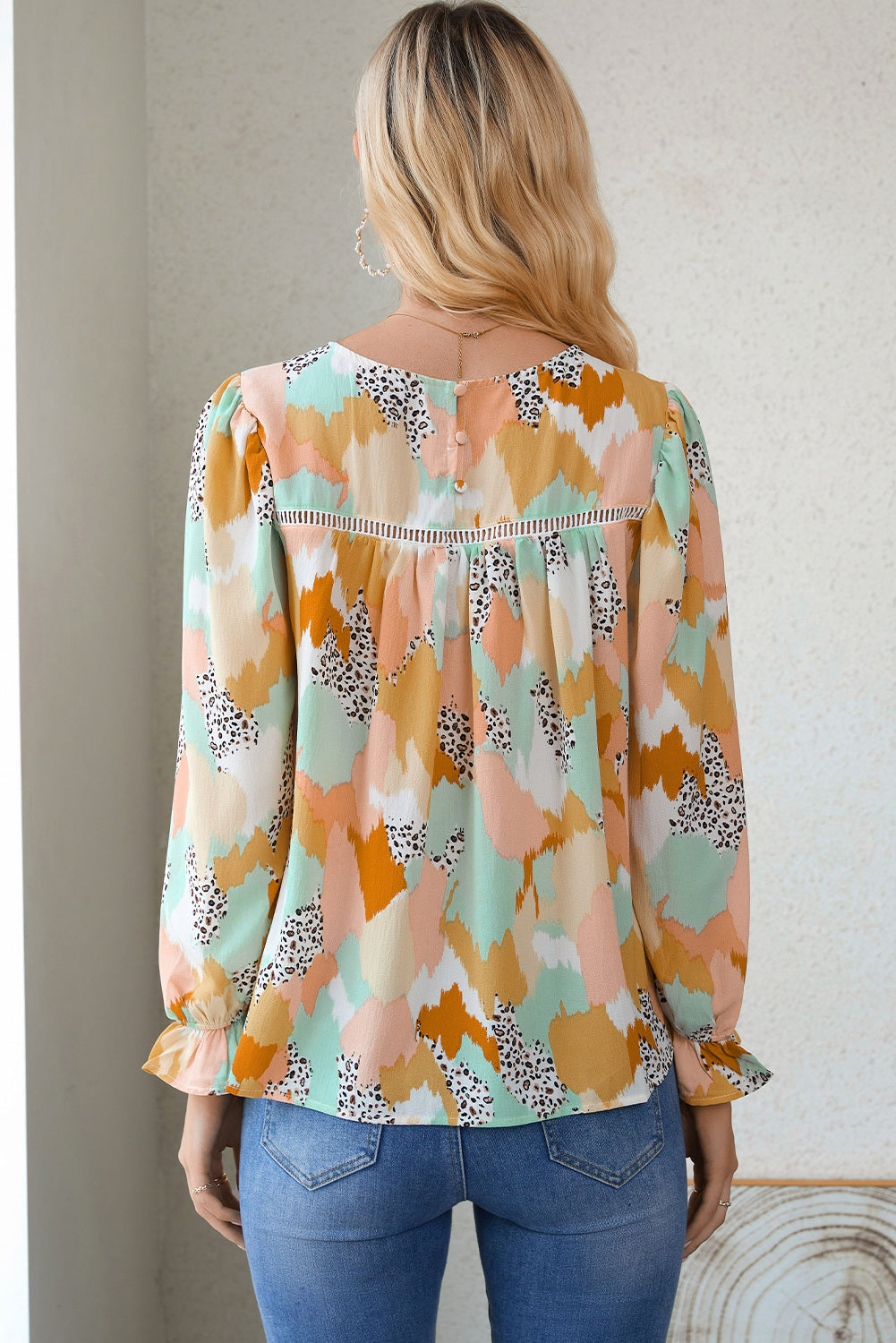 Multicolor Abstract Print Ruffle Puff Sleeve Blouse