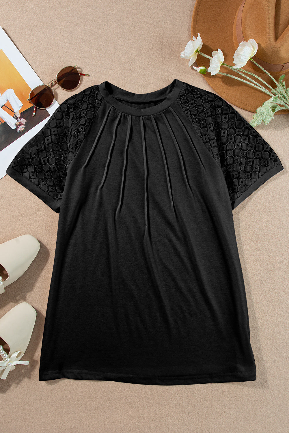 Pale Khaki Lace Raglan Sleeve Tee
