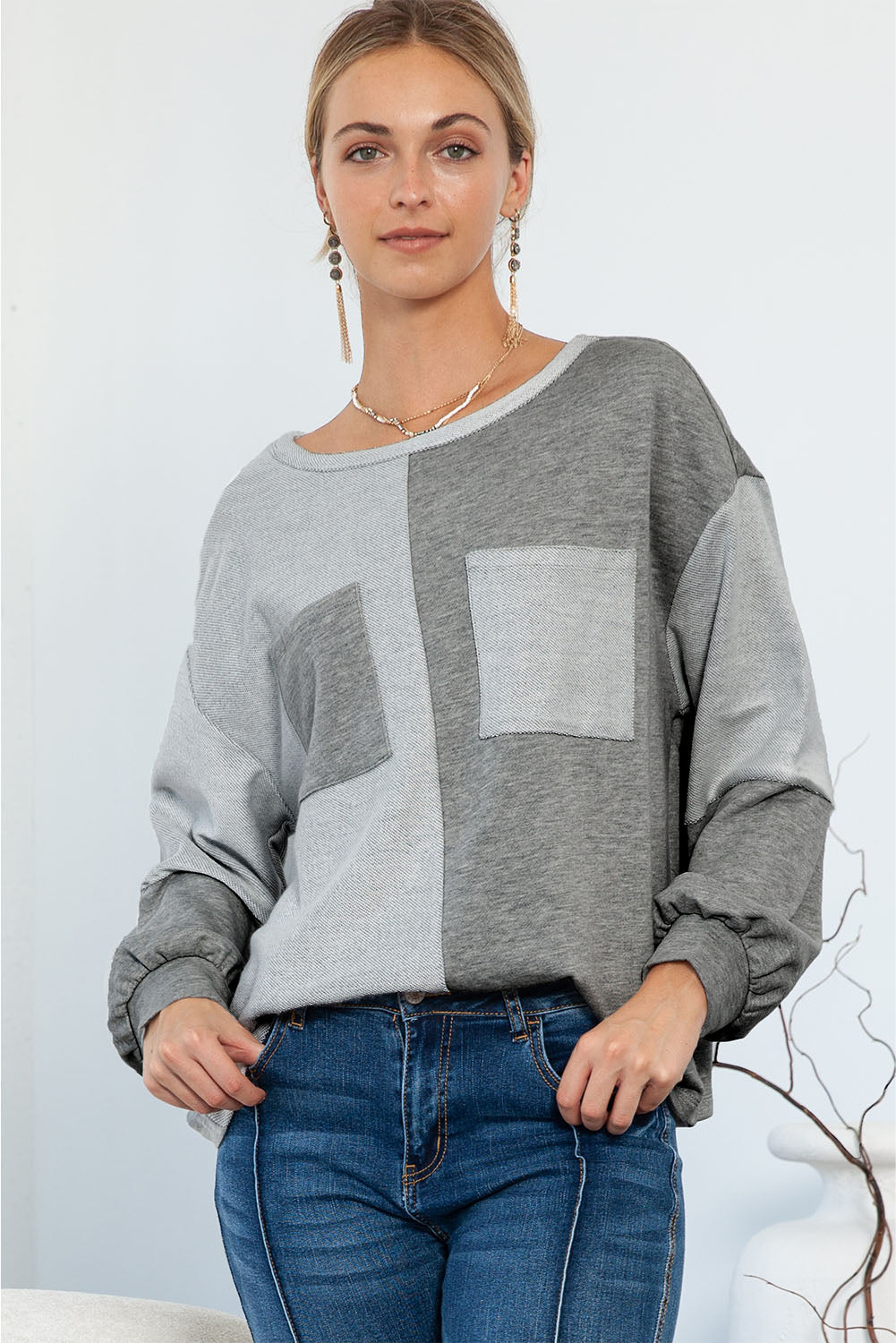 Grey Patchwork Chest Pockets Long Sleeve Pullover Top