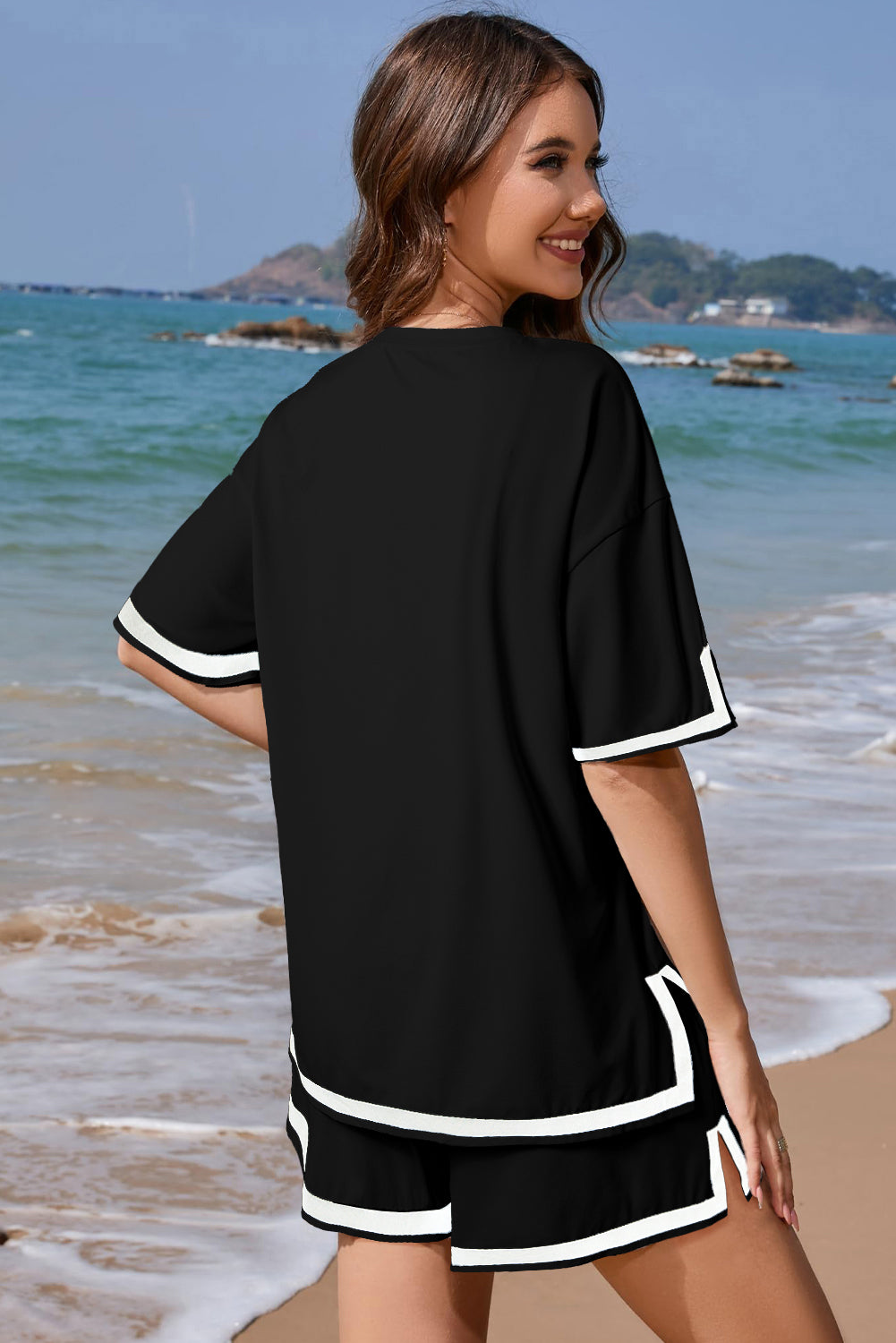 White Contrast Trim Tee and Drawstring Shorts Set