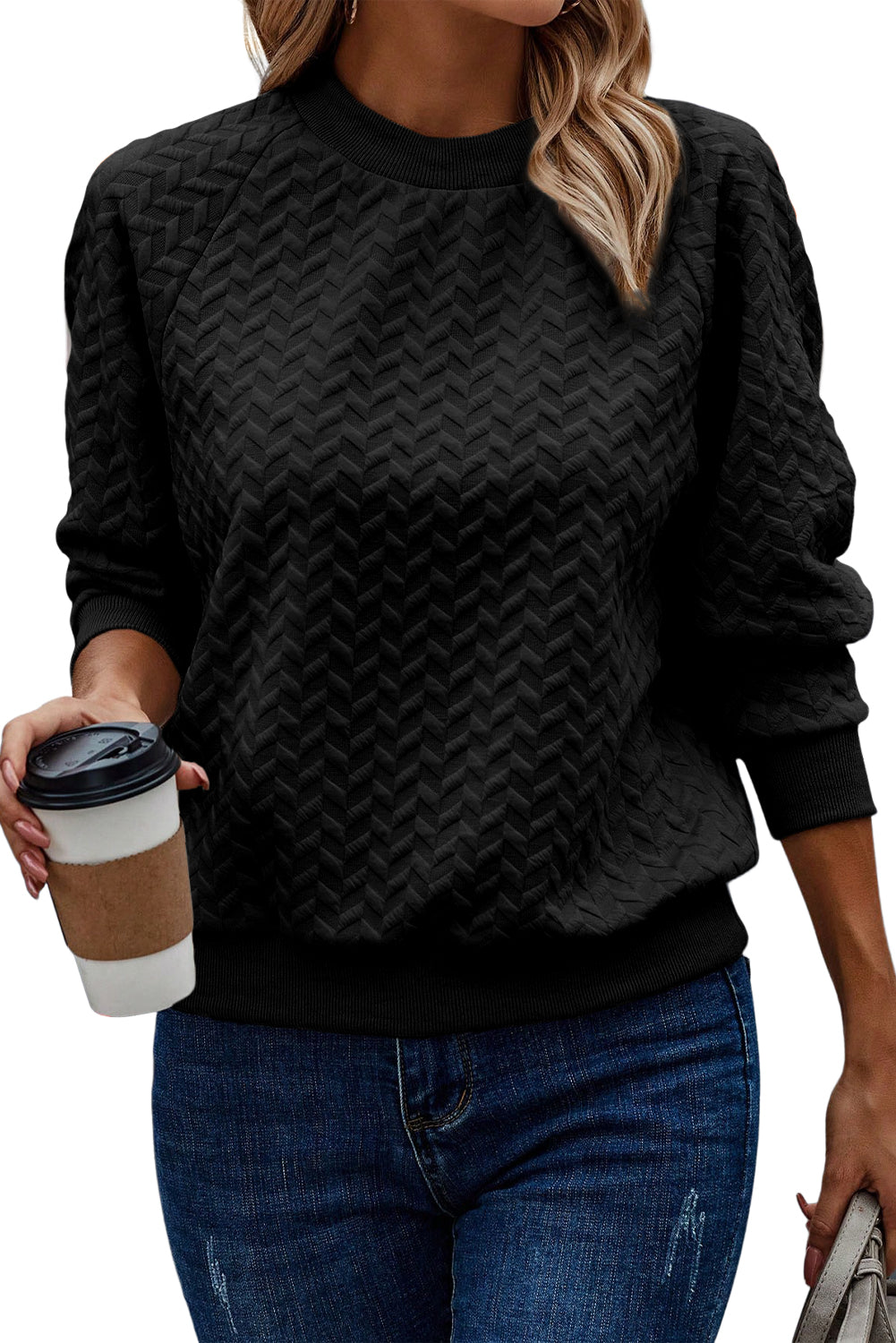 Jungle Green Solid Textured Raglan Sleeve Pullover Sweatshirt