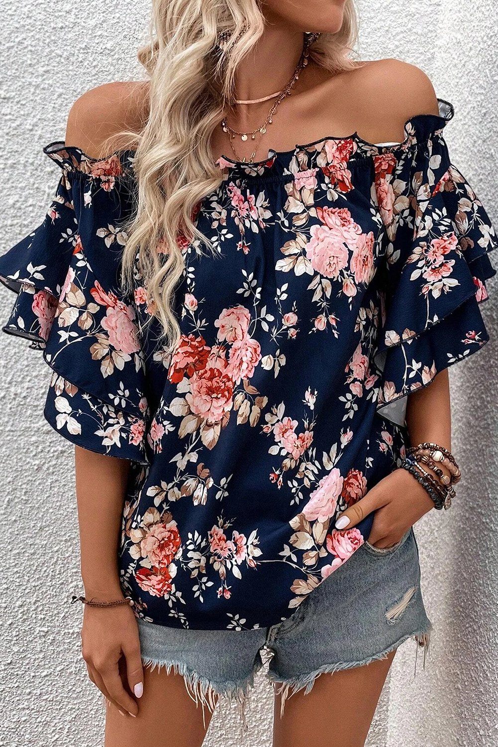 Ruffle Off Shoulder Flounce Sleeve Blue Floral Blouse