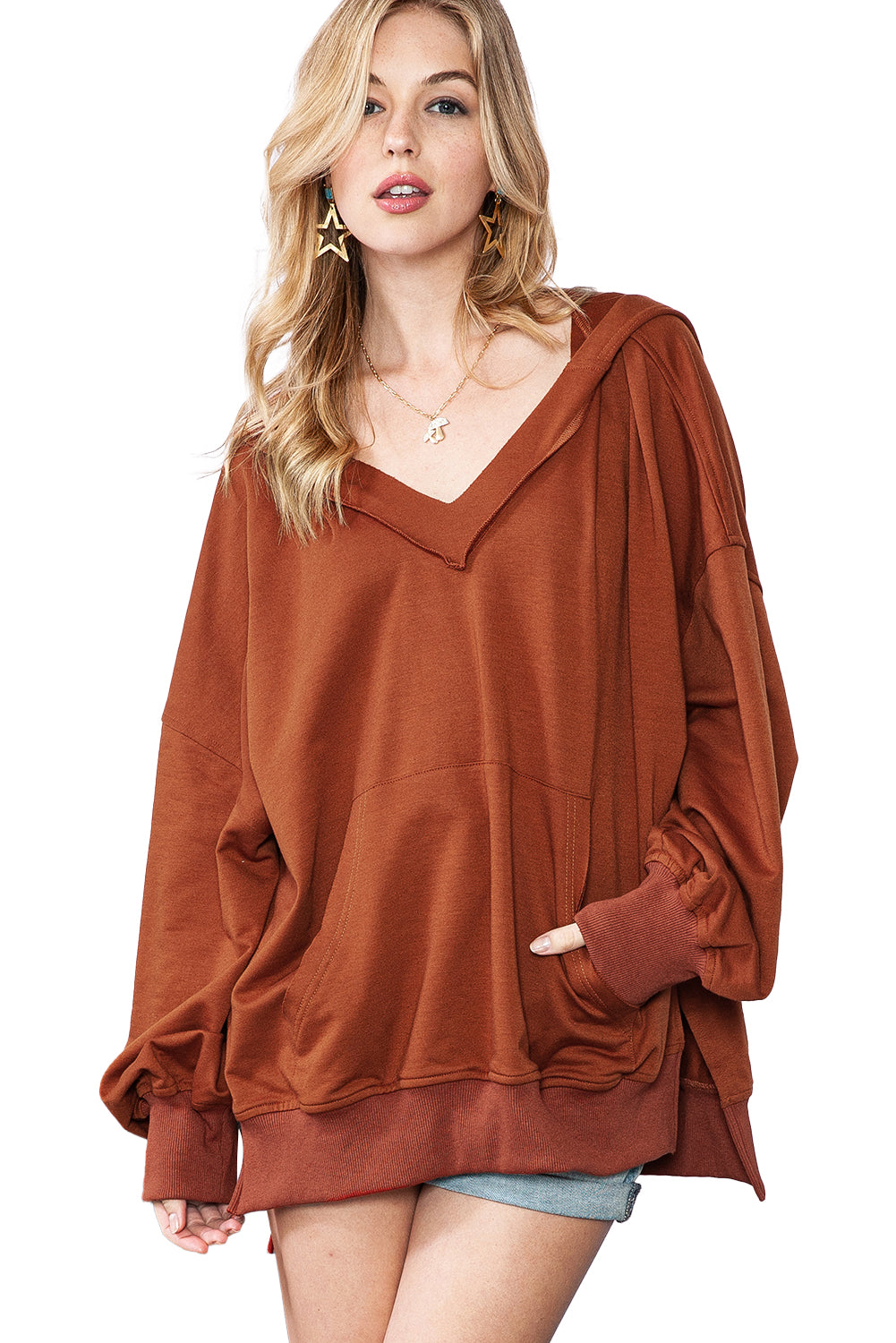 Chestnut Patchwork V-Neck Oversized Slit Hem Sweatshirt