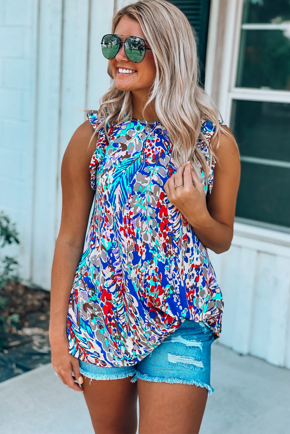 Rosy Boho Abstract Print Color Block Ruffle Babydoll Sleeveless Shirt