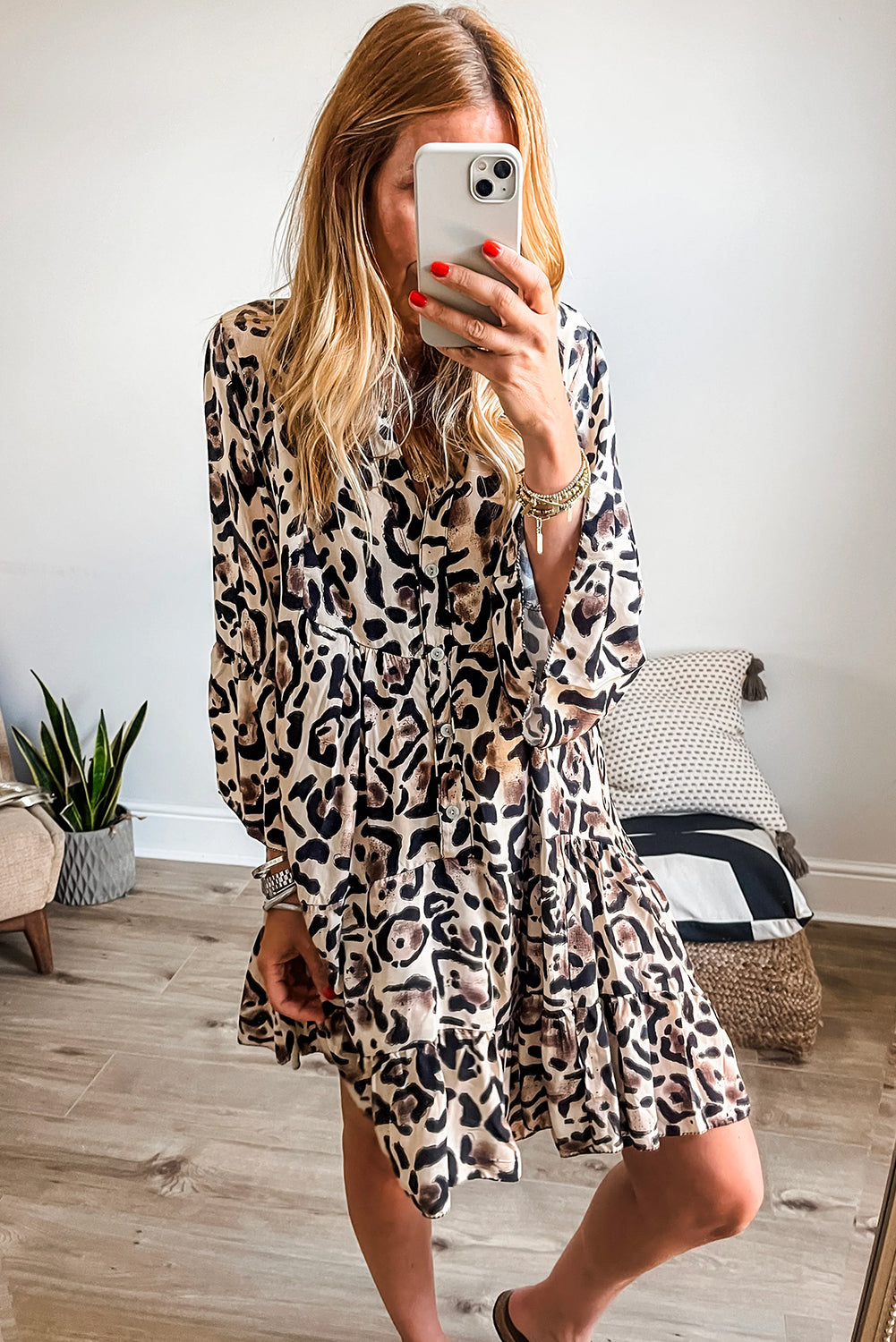 Rose Leopard Button V Neck Pocket Flowy Mini Dress