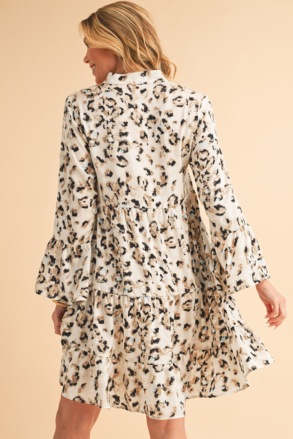 Rose Leopard Button V Neck Pocket Flowy Mini Dress
