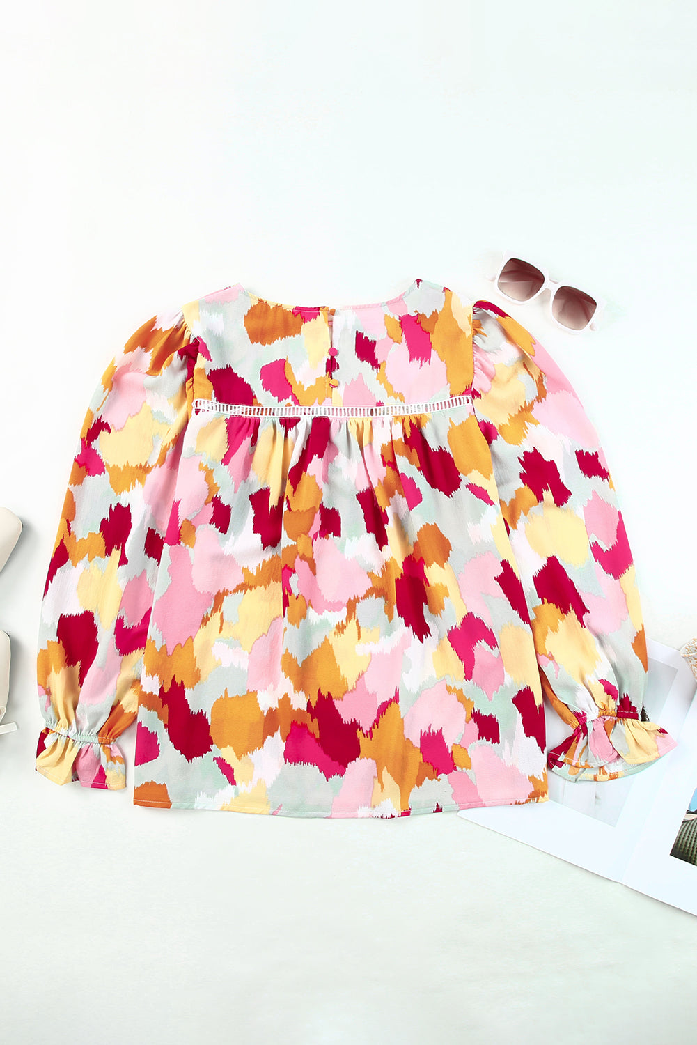 Multicolor Abstract Print Ruffle Puff Sleeve Blouse