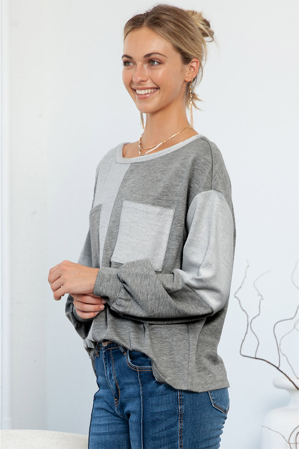 Grey Patchwork Chest Pockets Long Sleeve Pullover Top