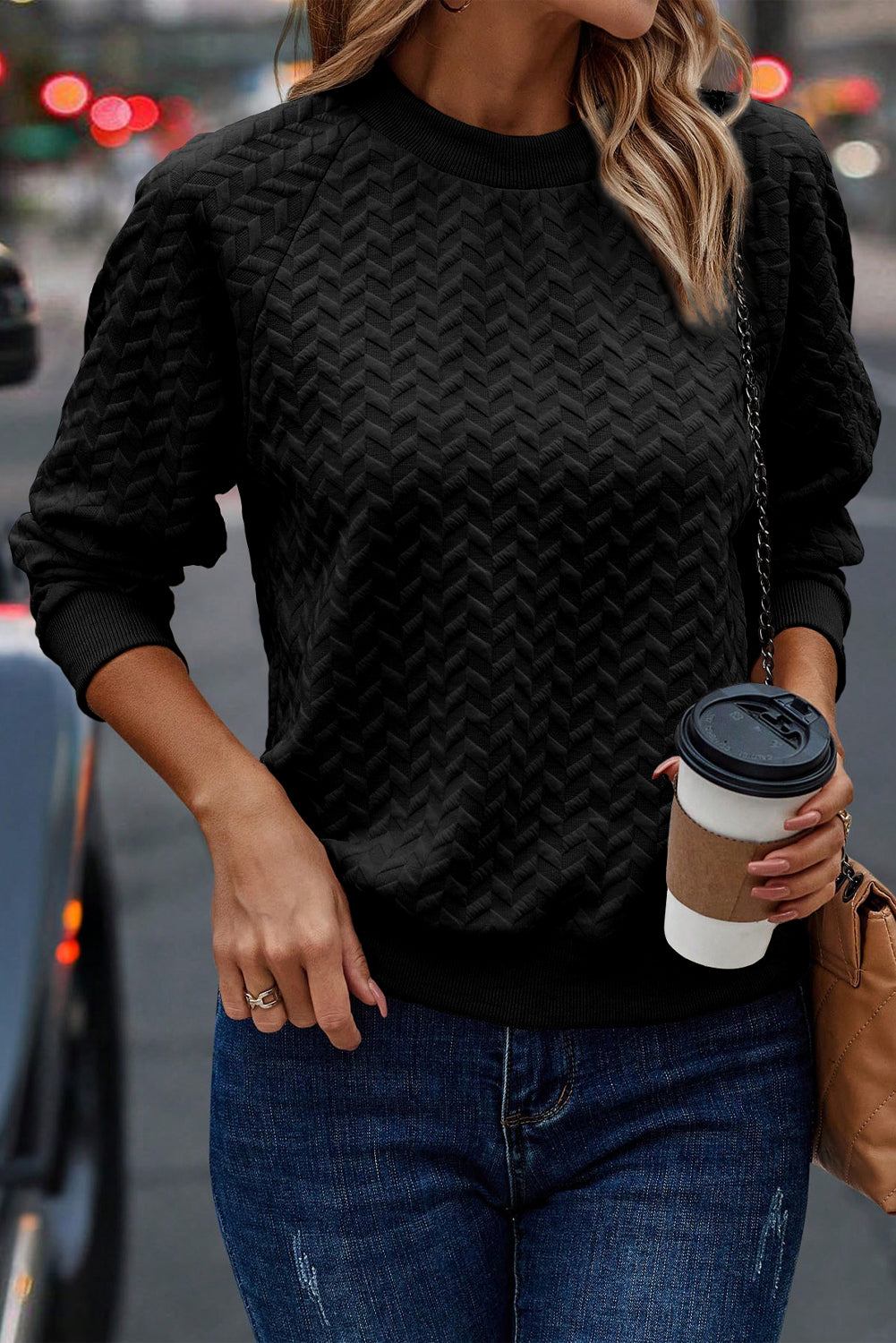 Jungle Green Solid Textured Raglan Sleeve Pullover Sweatshirt