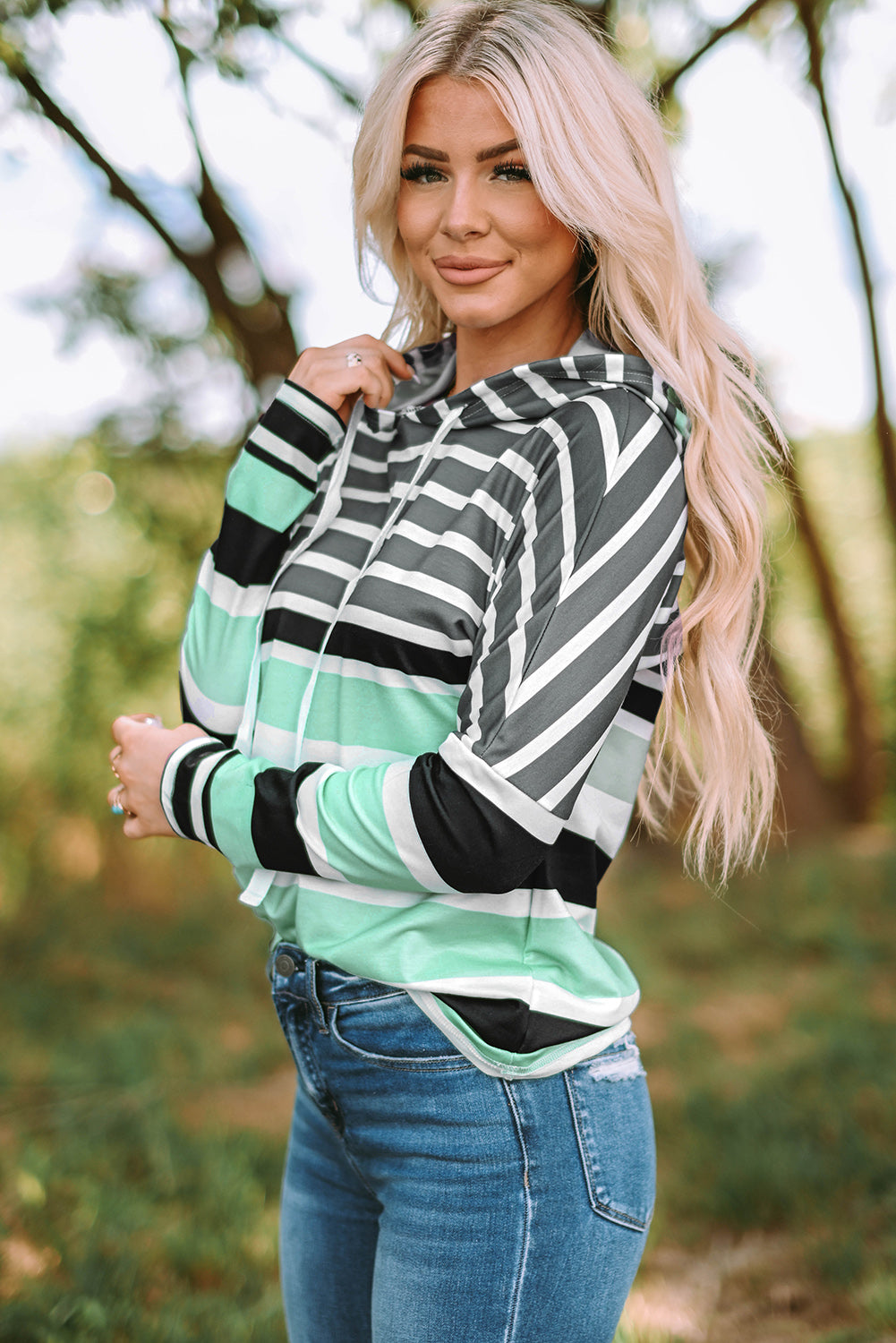 Blue Striped Color Block Drawstring Long Sleeve Hoodie