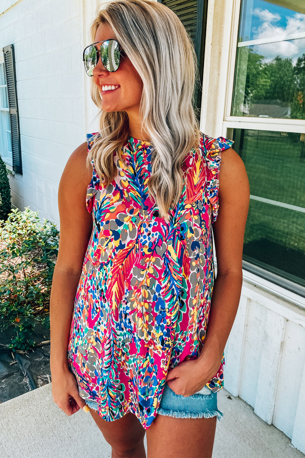 Rosy Boho Abstract Print Color Block Ruffle Babydoll Sleeveless Shirt