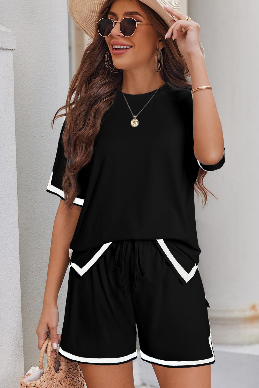 White Contrast Trim Tee and Drawstring Shorts Set