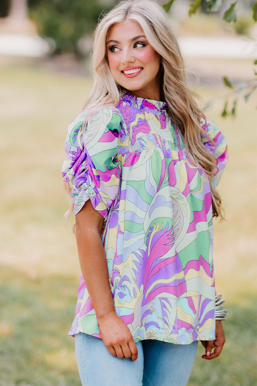 Green Abstract Print Smocked Bubble Sleeve Blouse