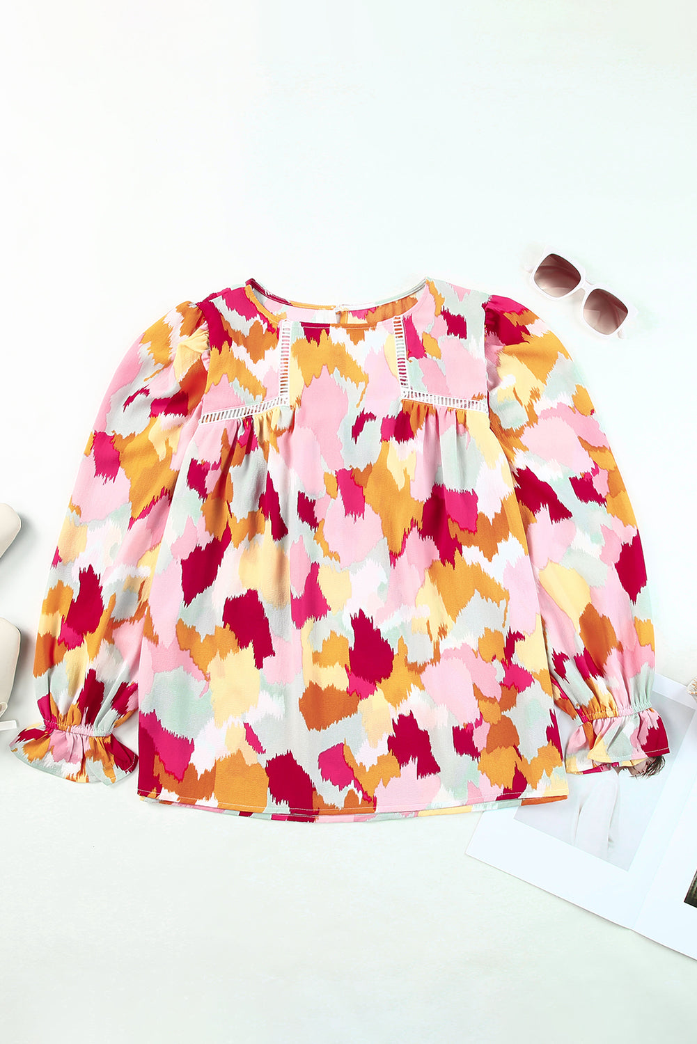 Multicolor Abstract Print Ruffle Puff Sleeve Blouse