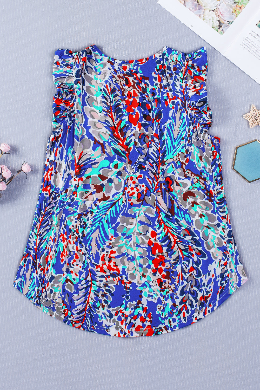 Rosy Boho Abstract Print Color Block Ruffle Babydoll Sleeveless Shirt