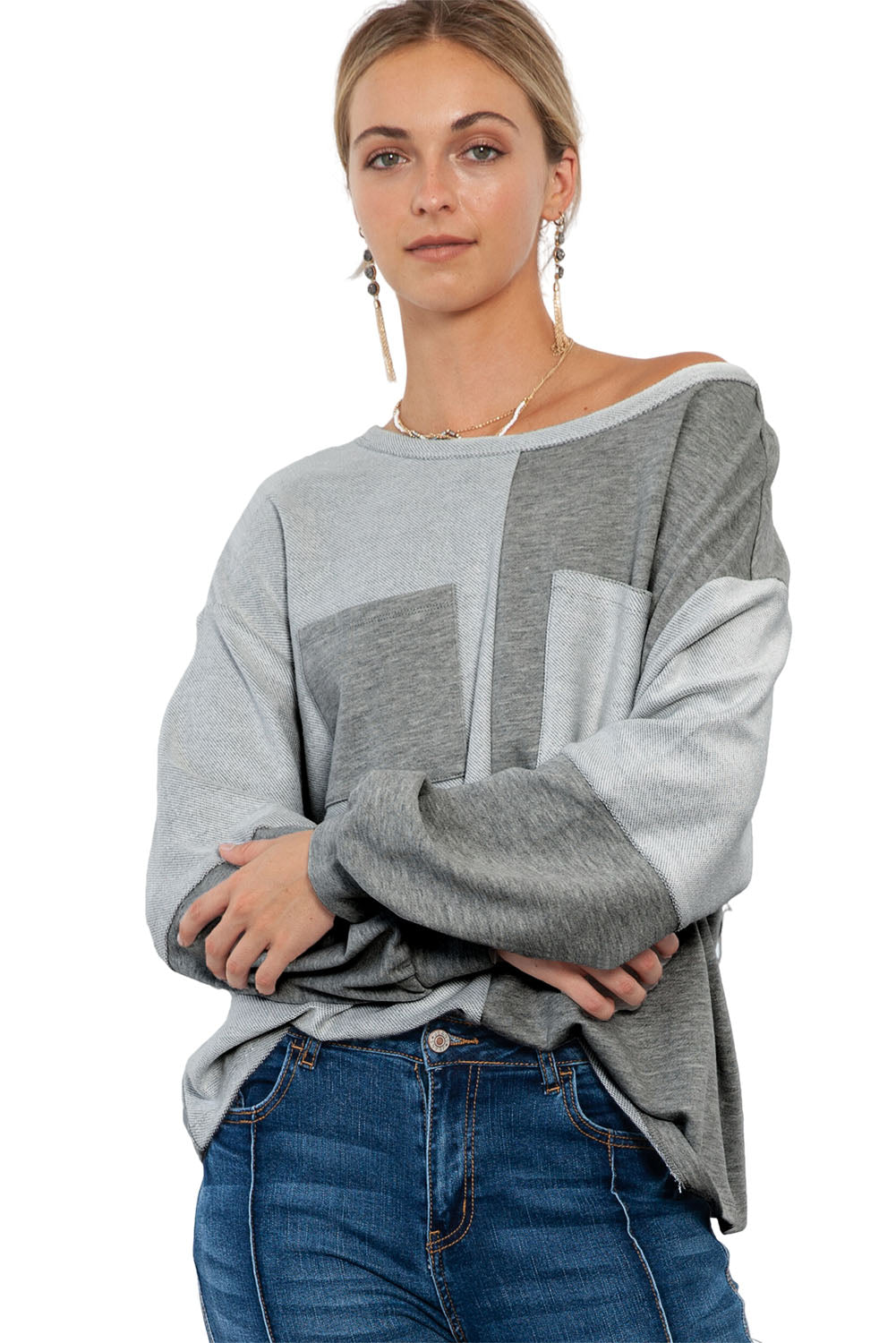 Grey Patchwork Chest Pockets Long Sleeve Pullover Top