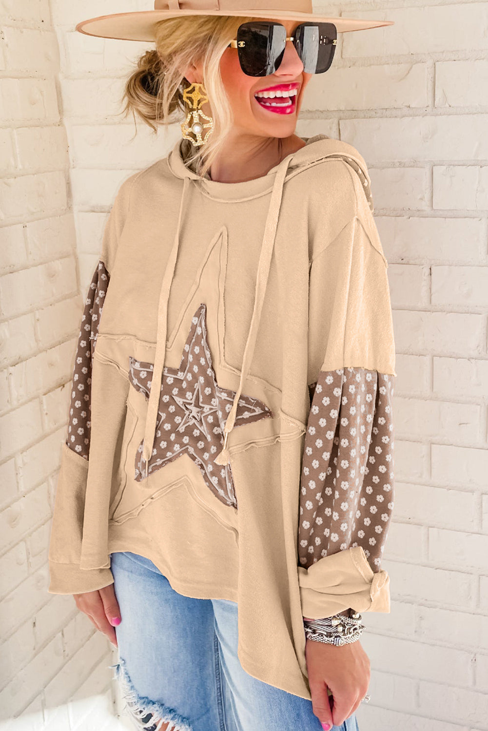 Apricot Floral Patchwork Star Pattern Drawstring Hoodie
