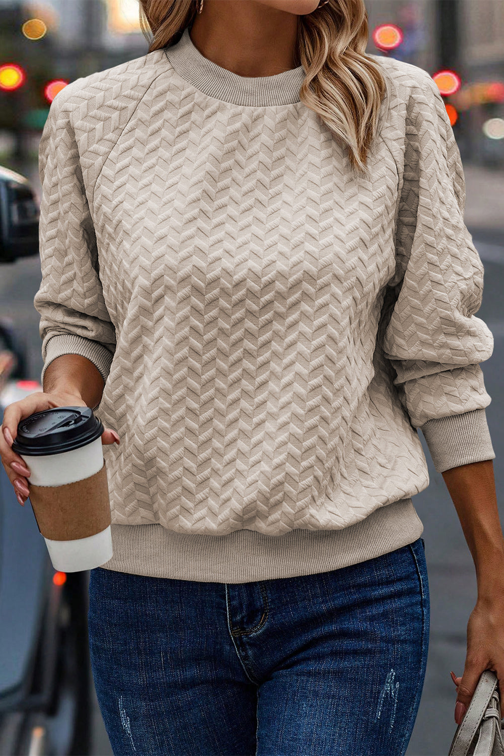 Jungle Green Solid Textured Raglan Sleeve Pullover Sweatshirt