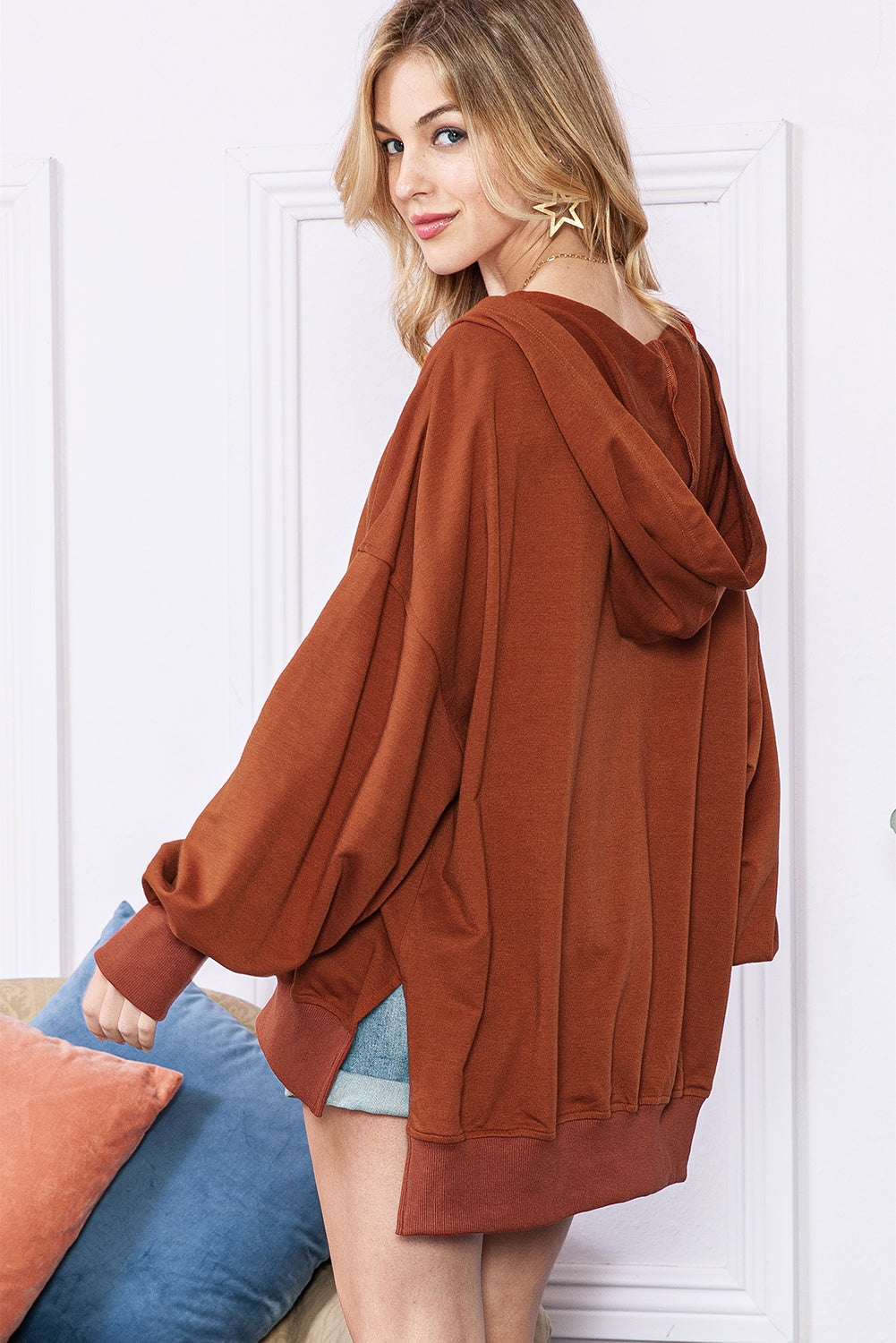 Chestnut Patchwork V-Neck Oversized Slit Hem Sweatshirt