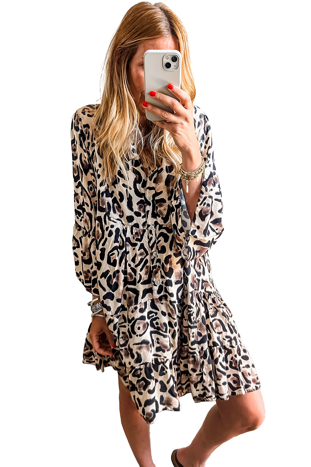 Rose Leopard Button V Neck Pocket Flowy Mini Dress