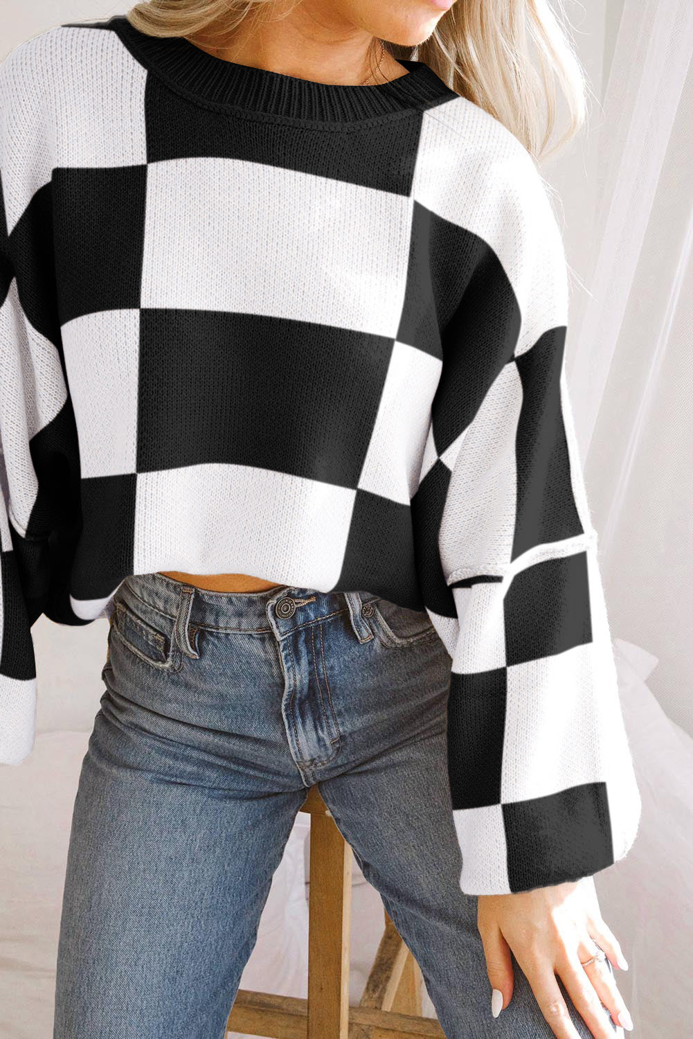 Pink Checked Bishop Sleeve Pullover Sweater
