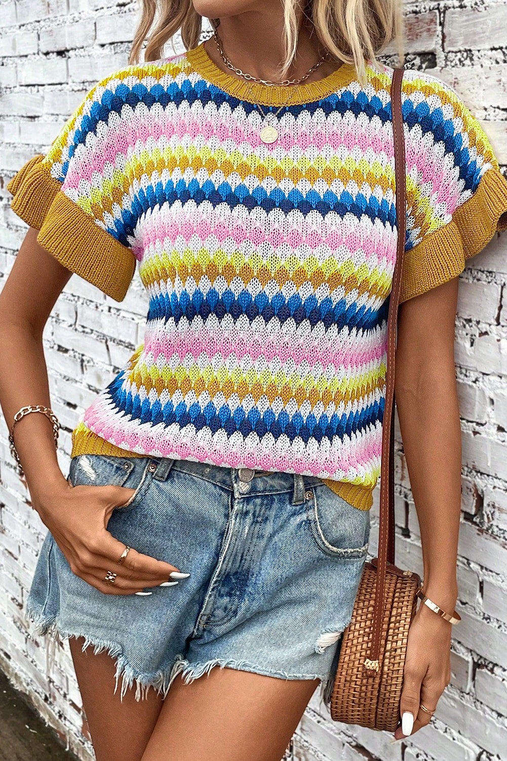 Fiery Red Color Block Strip Ruffle Sleeve Knit Top