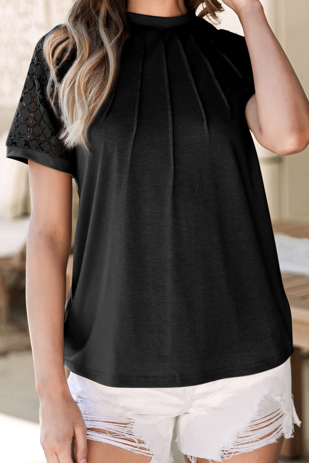 Pale Khaki Lace Raglan Sleeve Tee