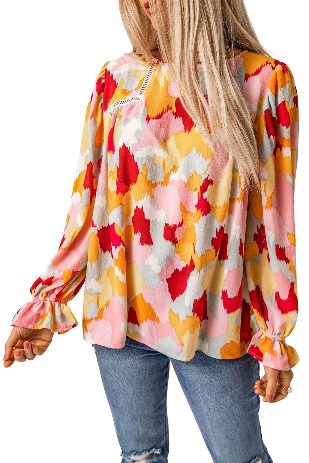 Multicolor Abstract Print Ruffle Puff Sleeve Blouse