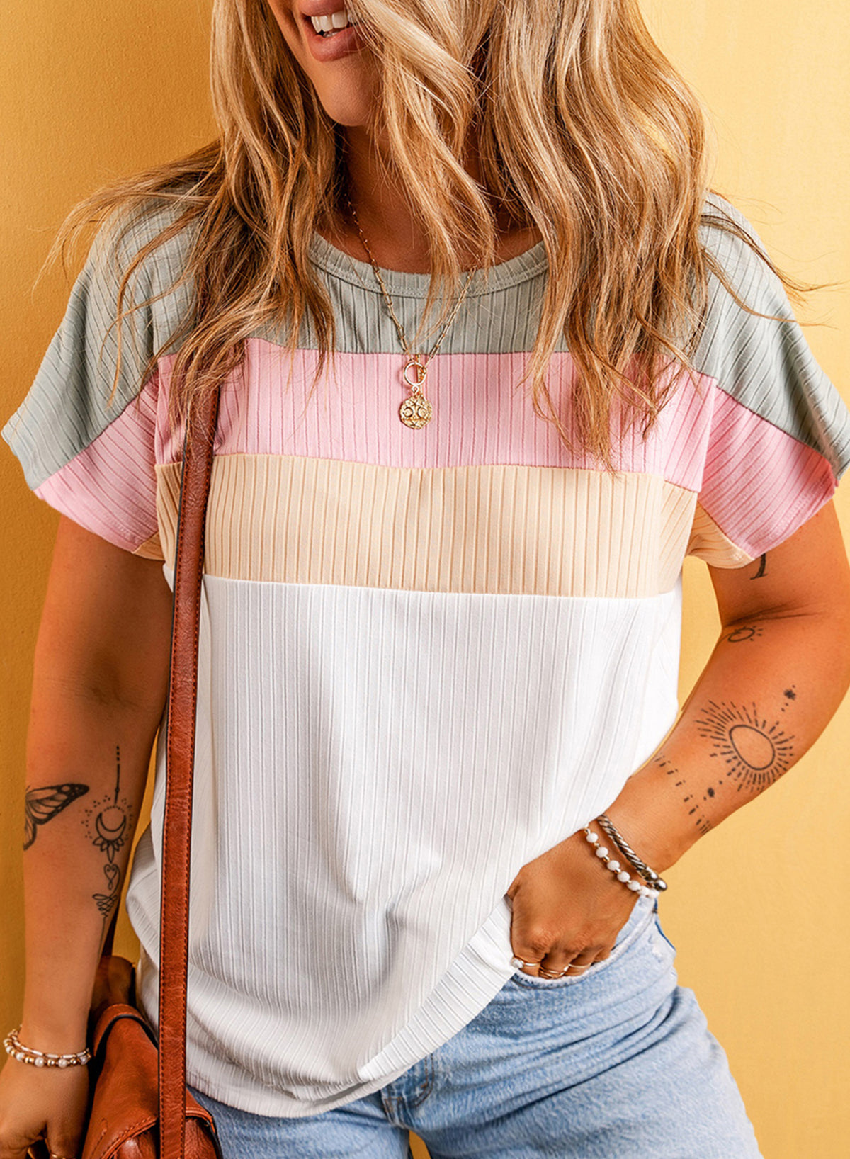 White Ribbed Color Block Patchwork Plus T shirt