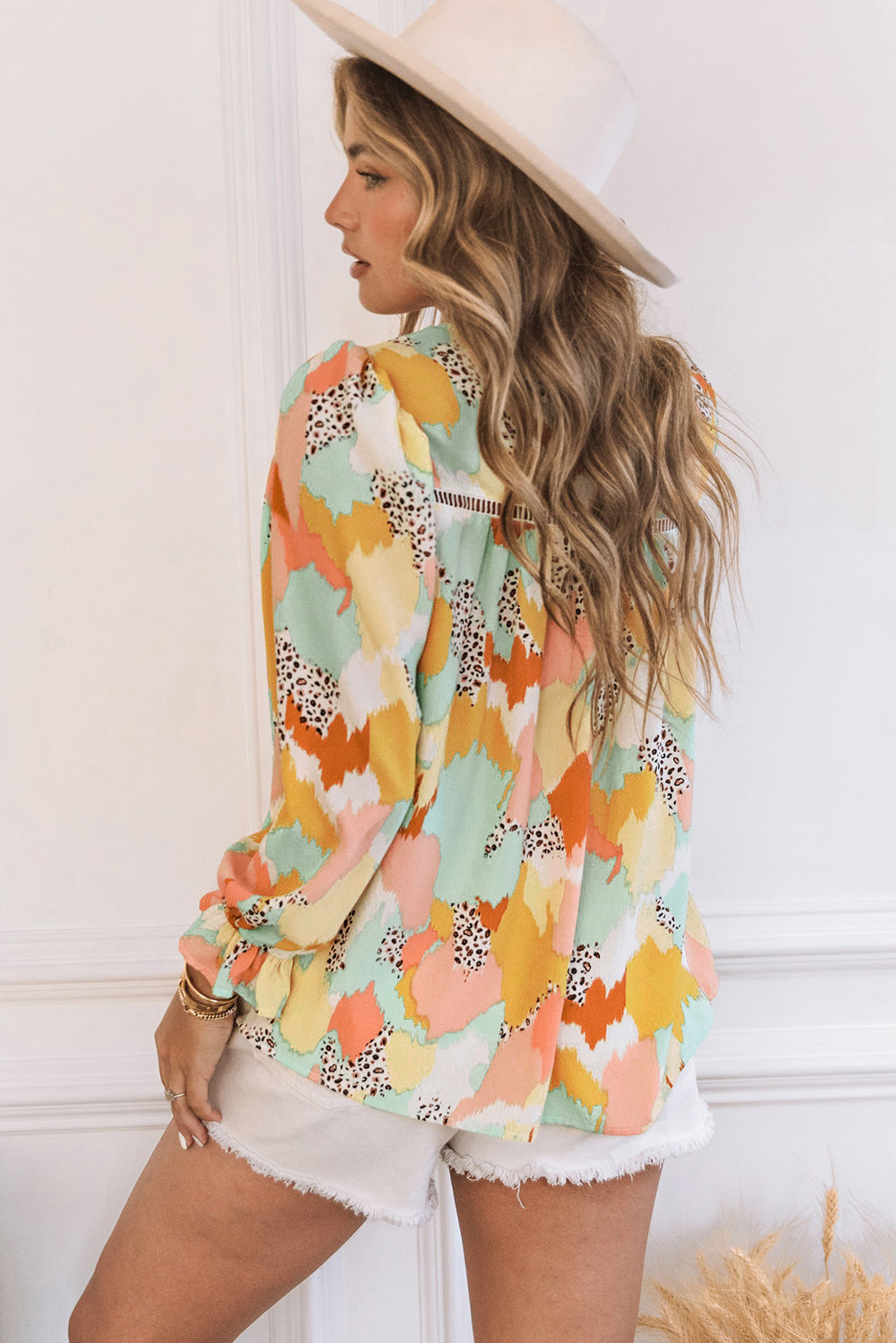 Multicolor Abstract Print Ruffle Puff Sleeve Blouse