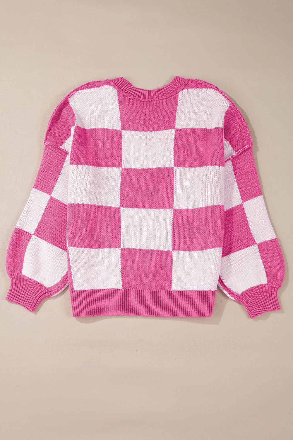 Pink Checked Bishop Sleeve Pullover Sweater