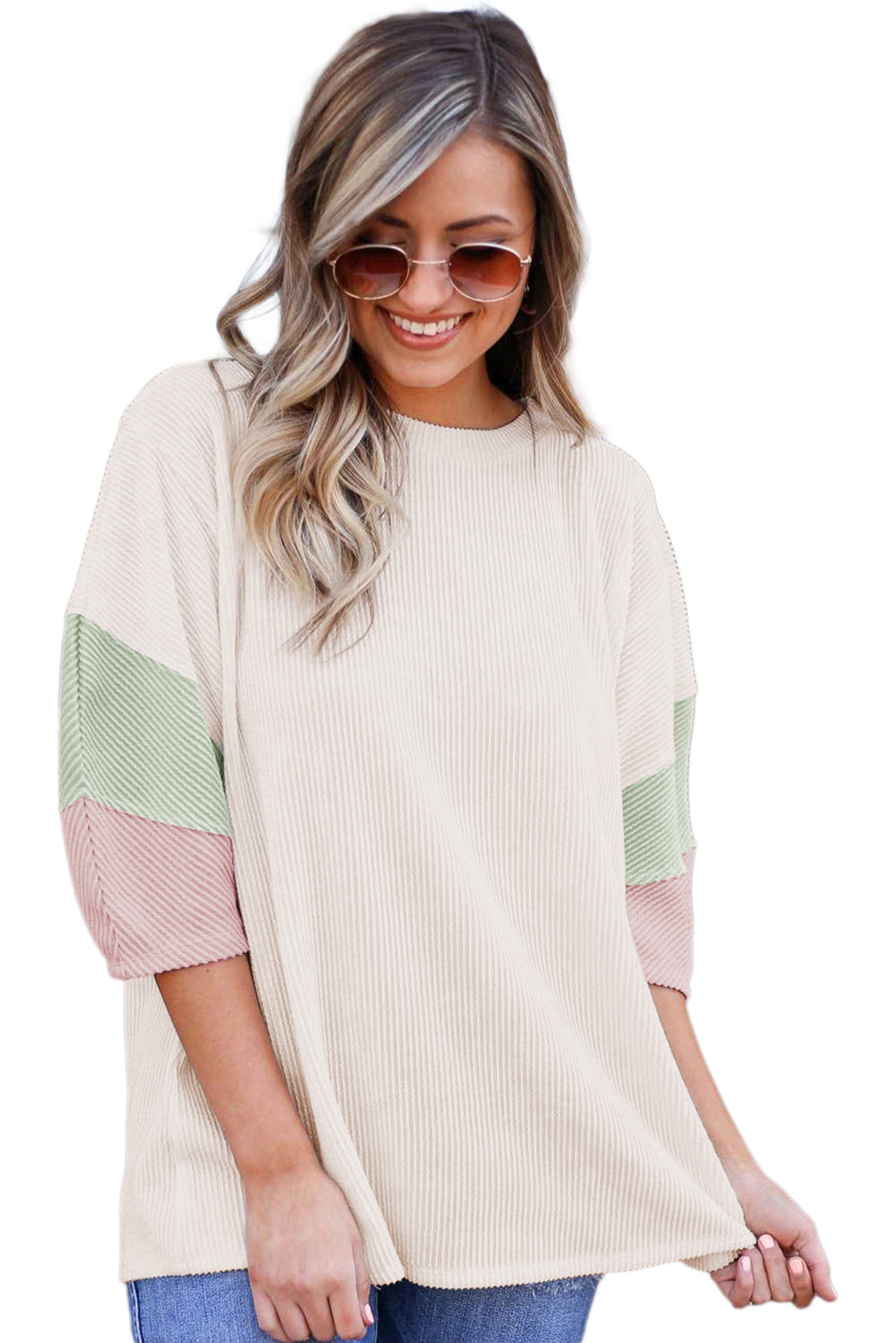 White Pit-striped Colorblock Drop Sleeve Top