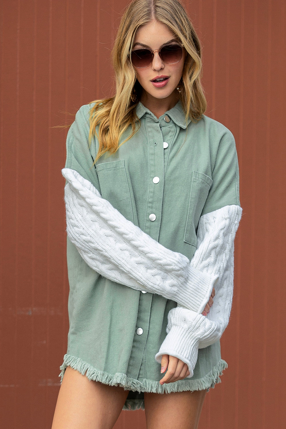 Green Cable Knit Patchwork Sleeve Raw Hem Shacket