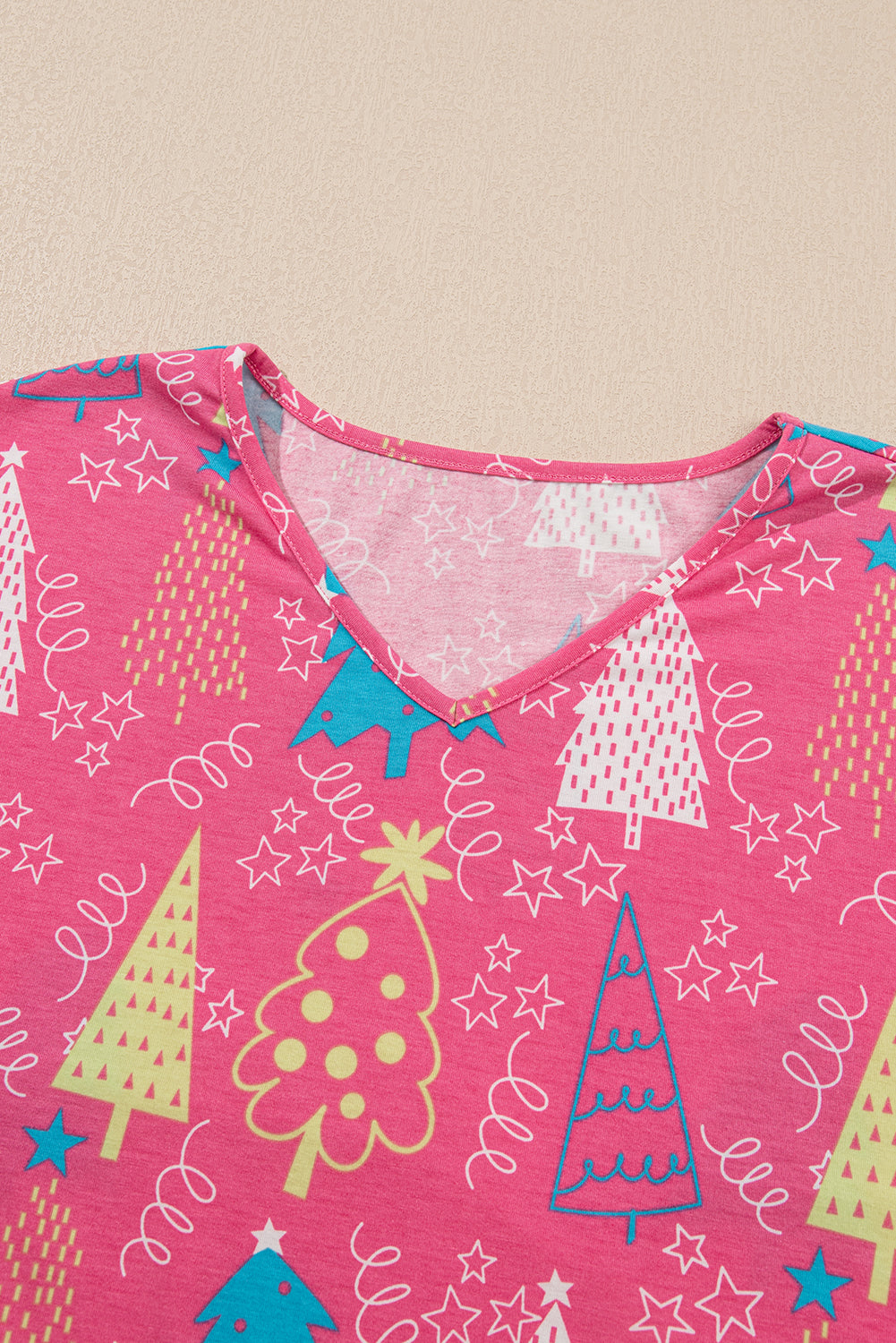 Red Christmas Tree Print V Neck Tee and Pants Loungewear Set