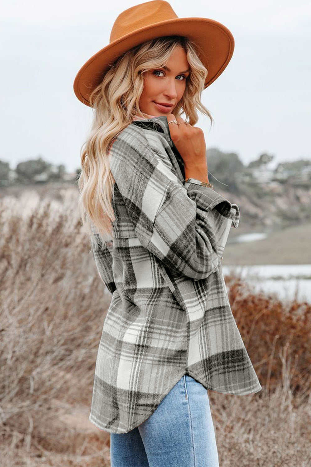 Pink and Grey Plaid Button Up Collar Flannel Shacket
