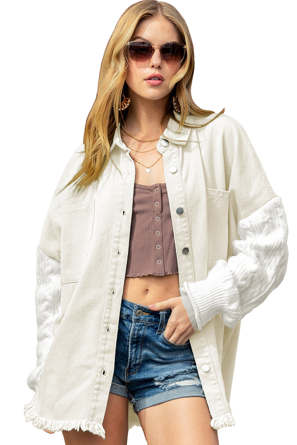 Green Cable Knit Patchwork Sleeve Raw Hem Shacket