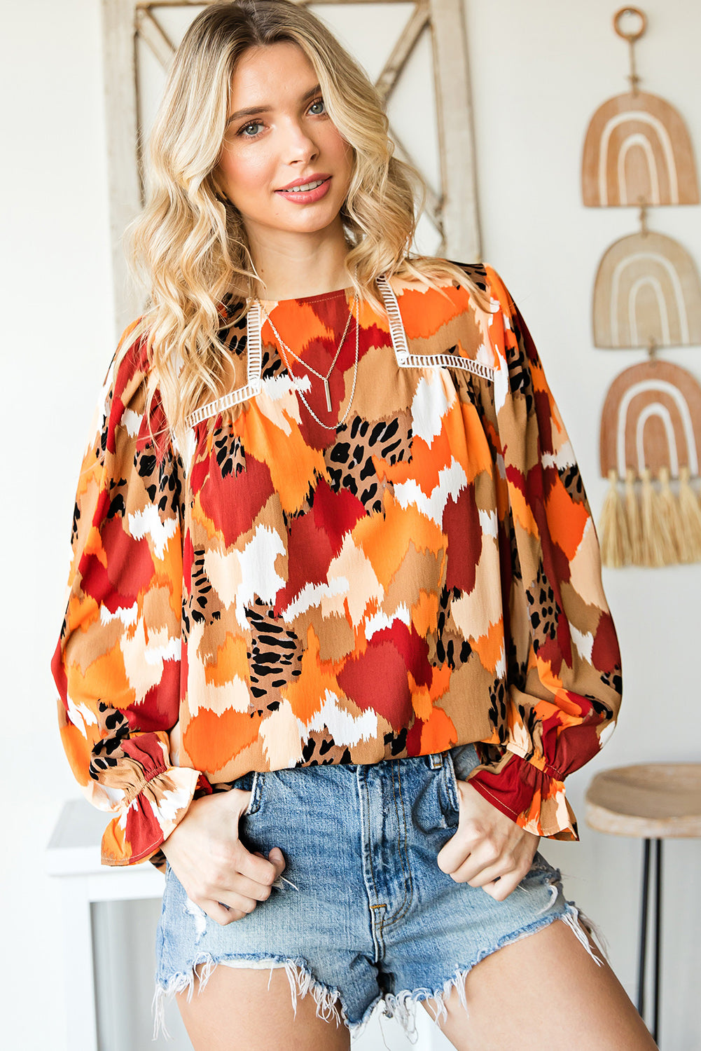 Multicolor Abstract Print Ruffle Puff Sleeve Blouse