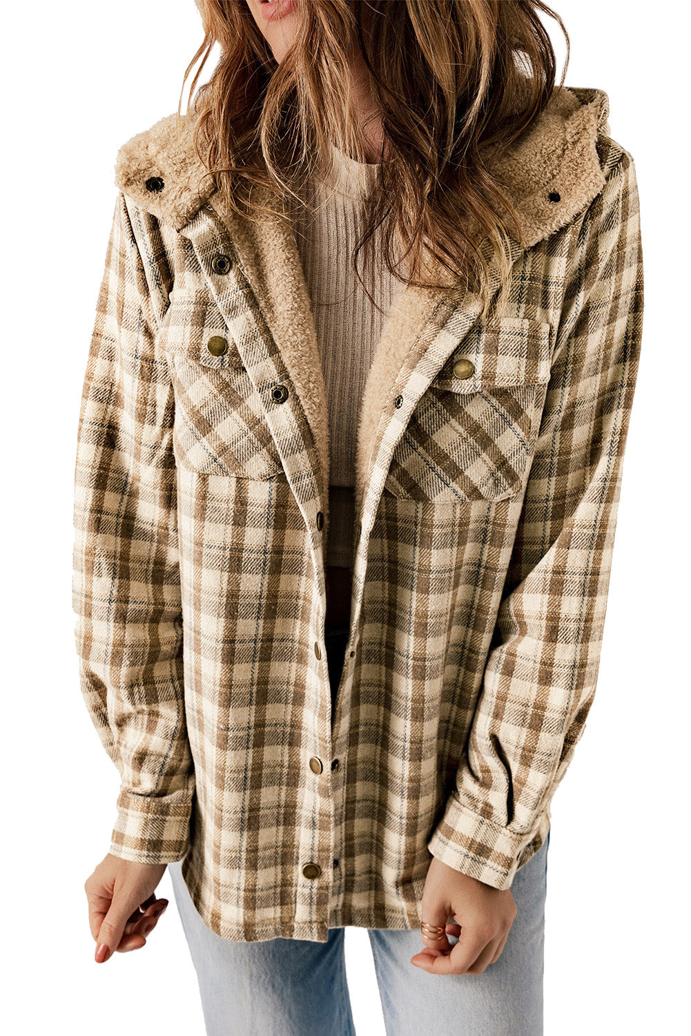 Blue Snap Button Sherpa Lined Hooded Flannel Jacket