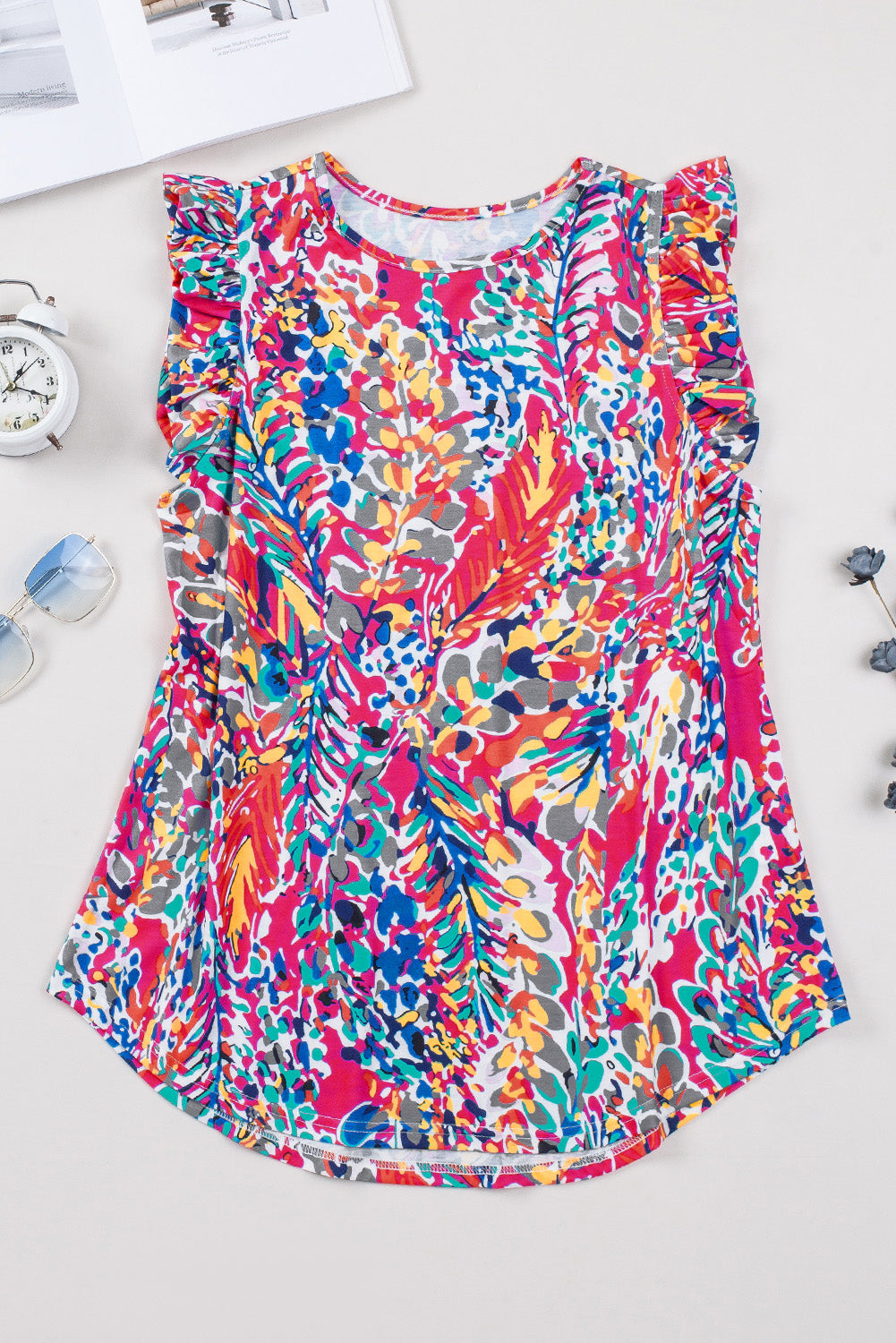 Rosy Boho Abstract Print Color Block Ruffle Babydoll Sleeveless Shirt