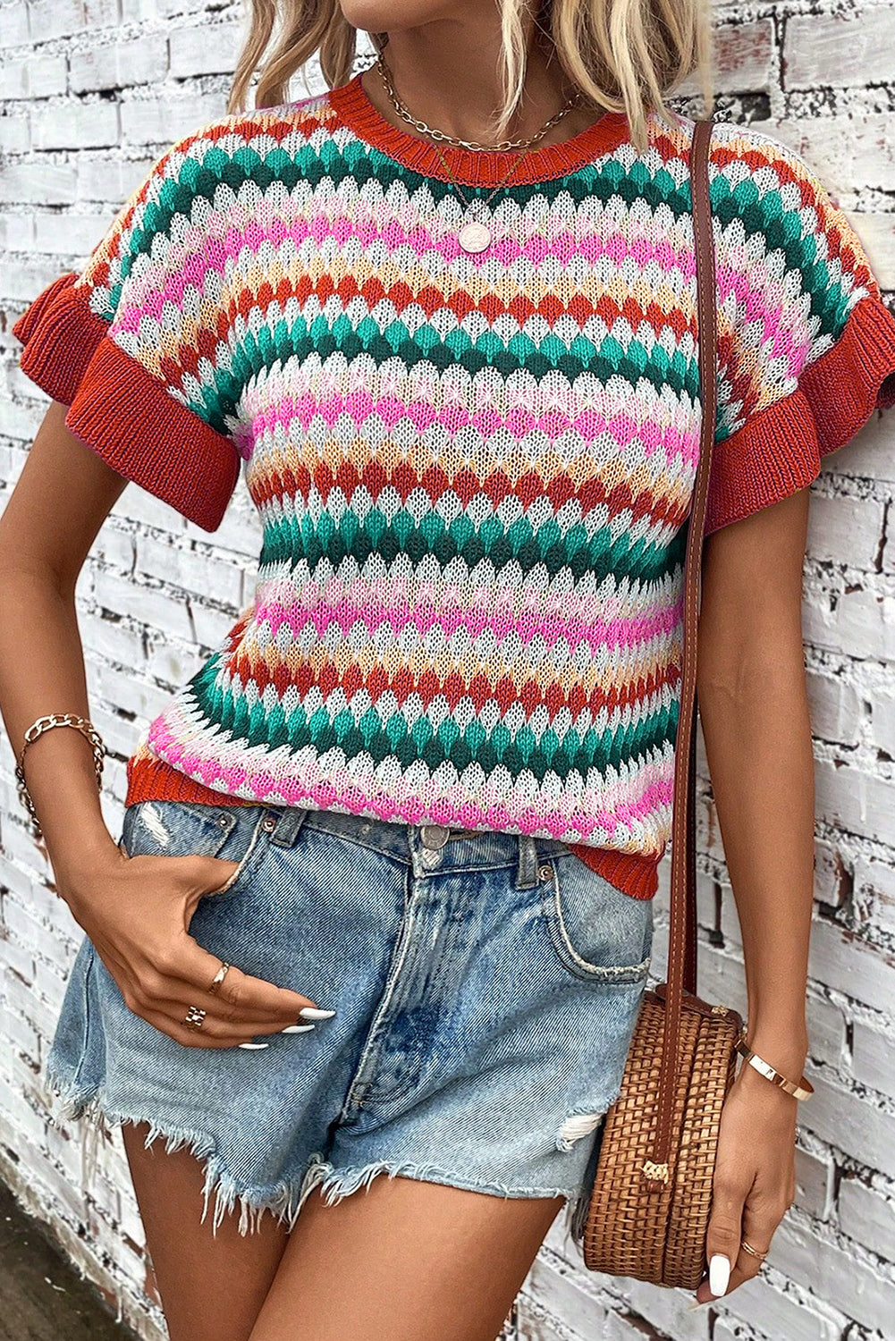 Fiery Red Color Block Strip Ruffle Sleeve Knit Top