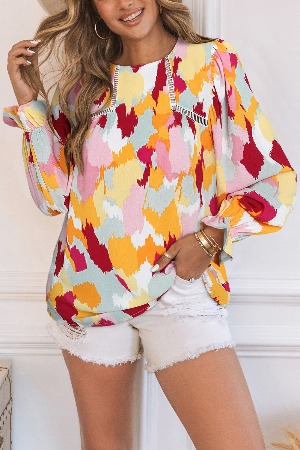 Multicolor Abstract Print Ruffle Puff Sleeve Blouse