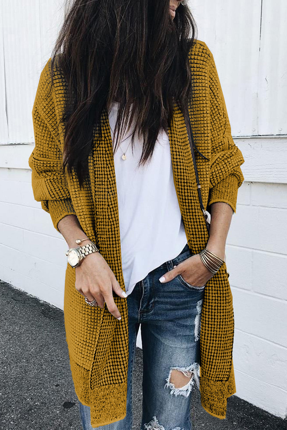 Grey Plaid Contrast Trim Casual Knit Cardigan