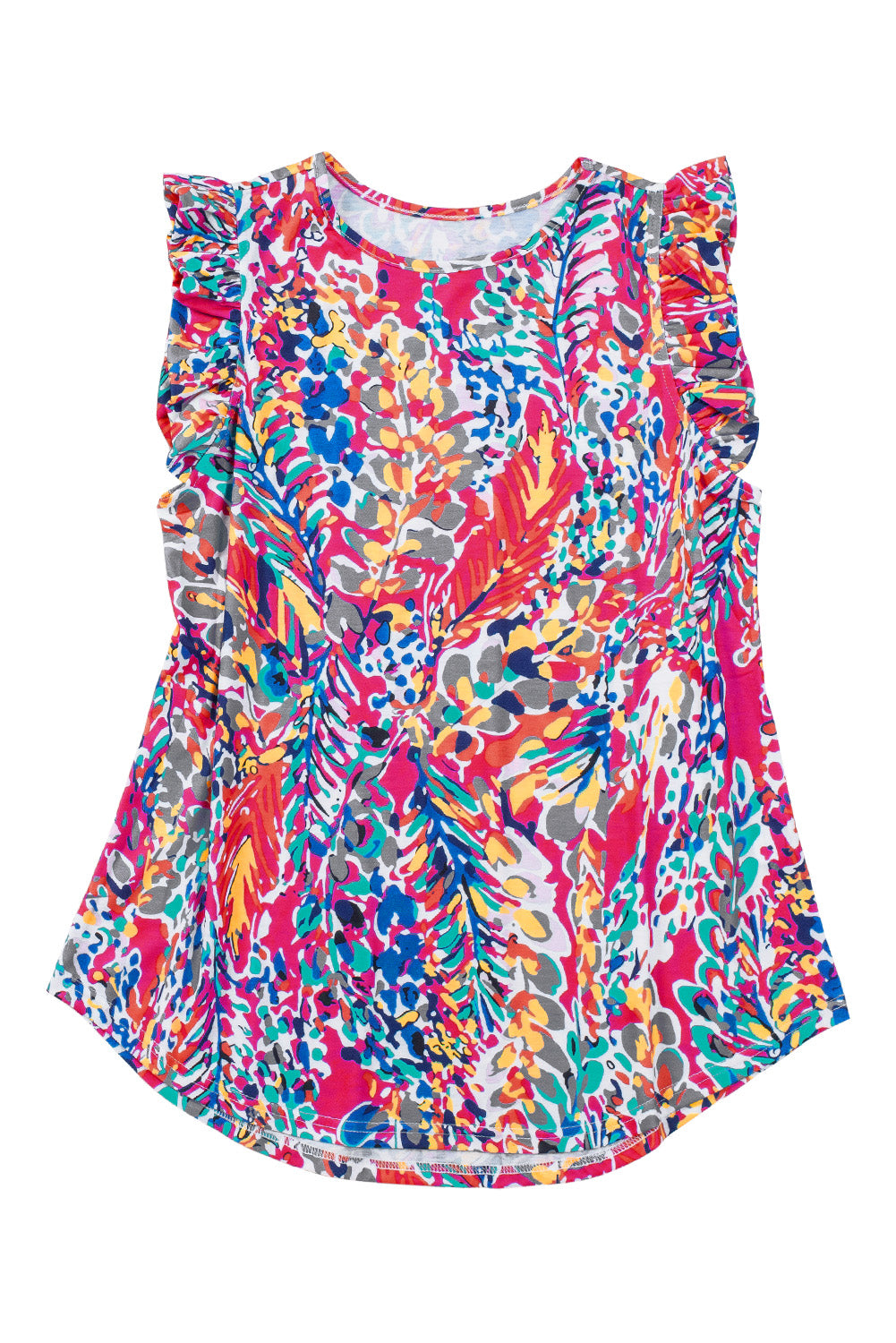 Rosy Boho Abstract Print Color Block Ruffle Babydoll Sleeveless Shirt