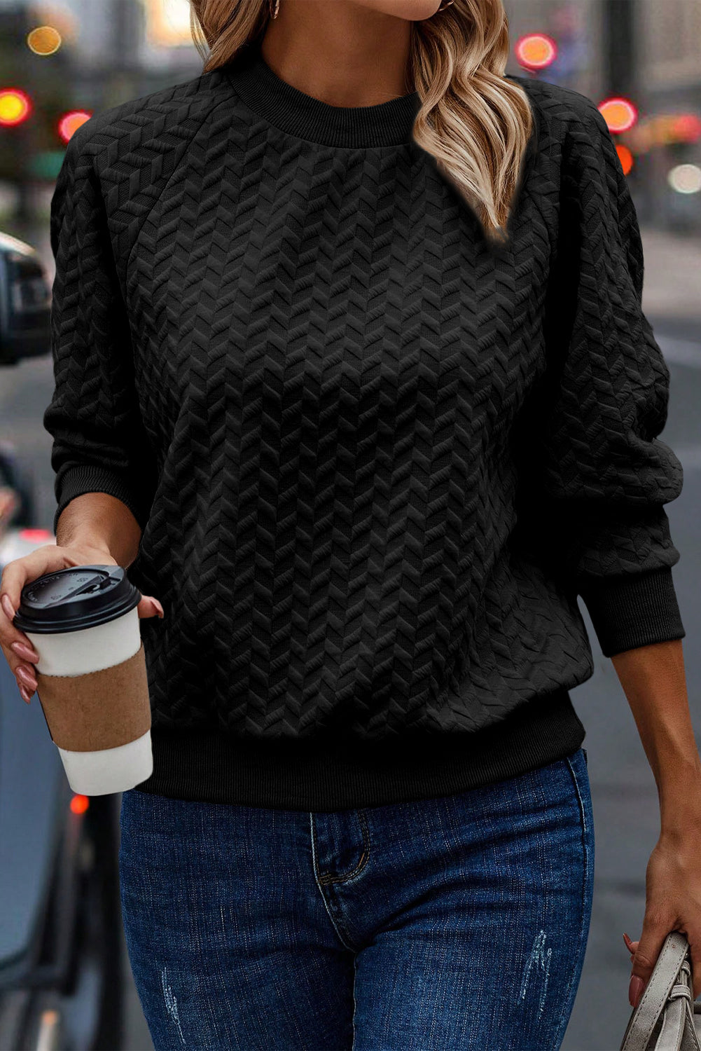 Jungle Green Solid Textured Raglan Sleeve Pullover Sweatshirt