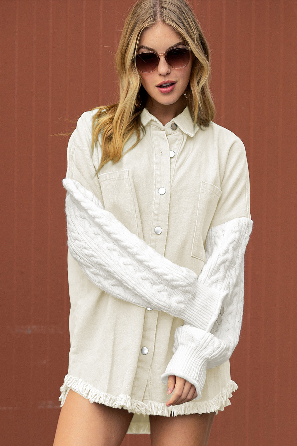 Green Cable Knit Patchwork Sleeve Raw Hem Shacket