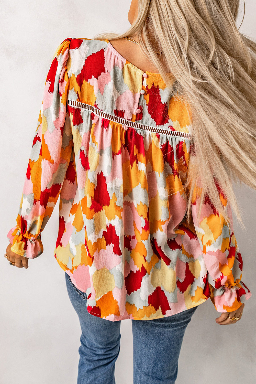 Multicolor Abstract Print Ruffle Puff Sleeve Blouse