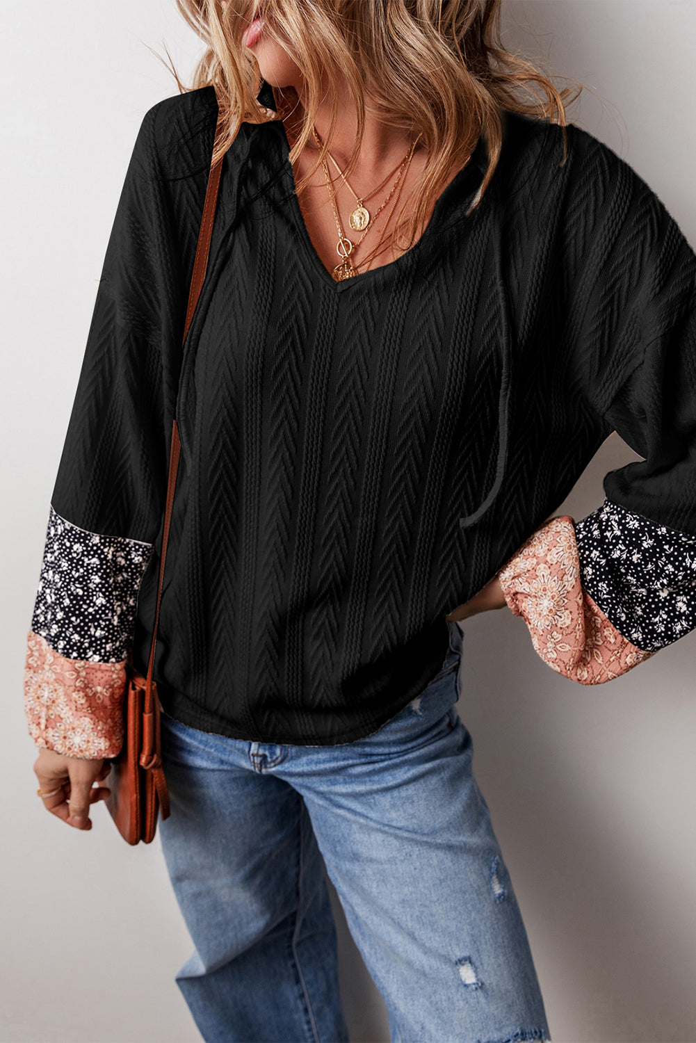 Black Floral Patchwork Textured Drawstring V Neck Top