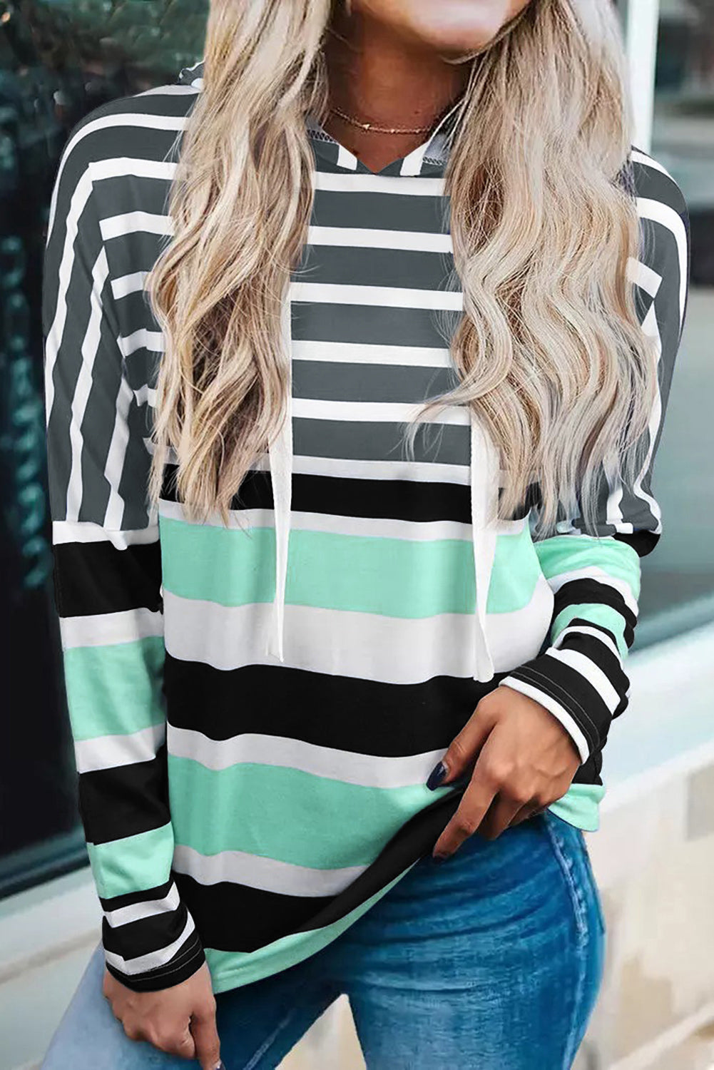 Blue Striped Color Block Drawstring Long Sleeve Hoodie